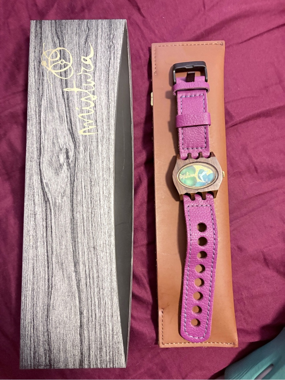 Mistura Handcrafted Purple Leather Strap Wood Watch - Needs New Battery!